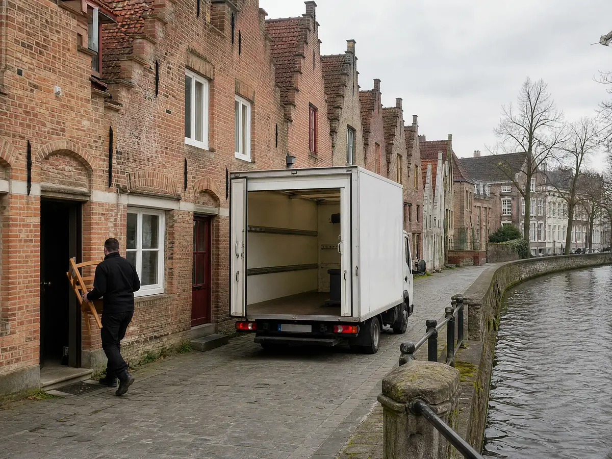 Compact box truck at an old brick house in Bruges during a house clearance
