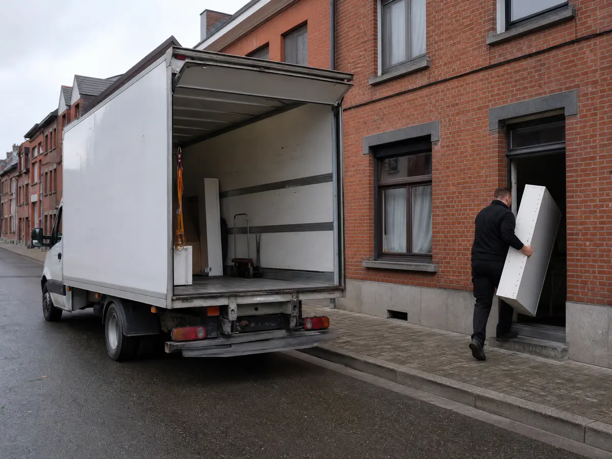 Box truck in front of a terraced house in Kortrijk during a house clearance