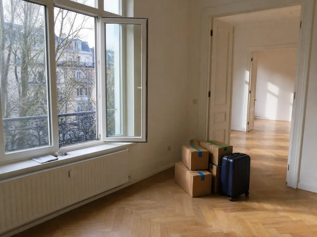 Almost empty Brussels apartment with a suitcase, a few boxes and keys on the windowsill before leaving Belgium