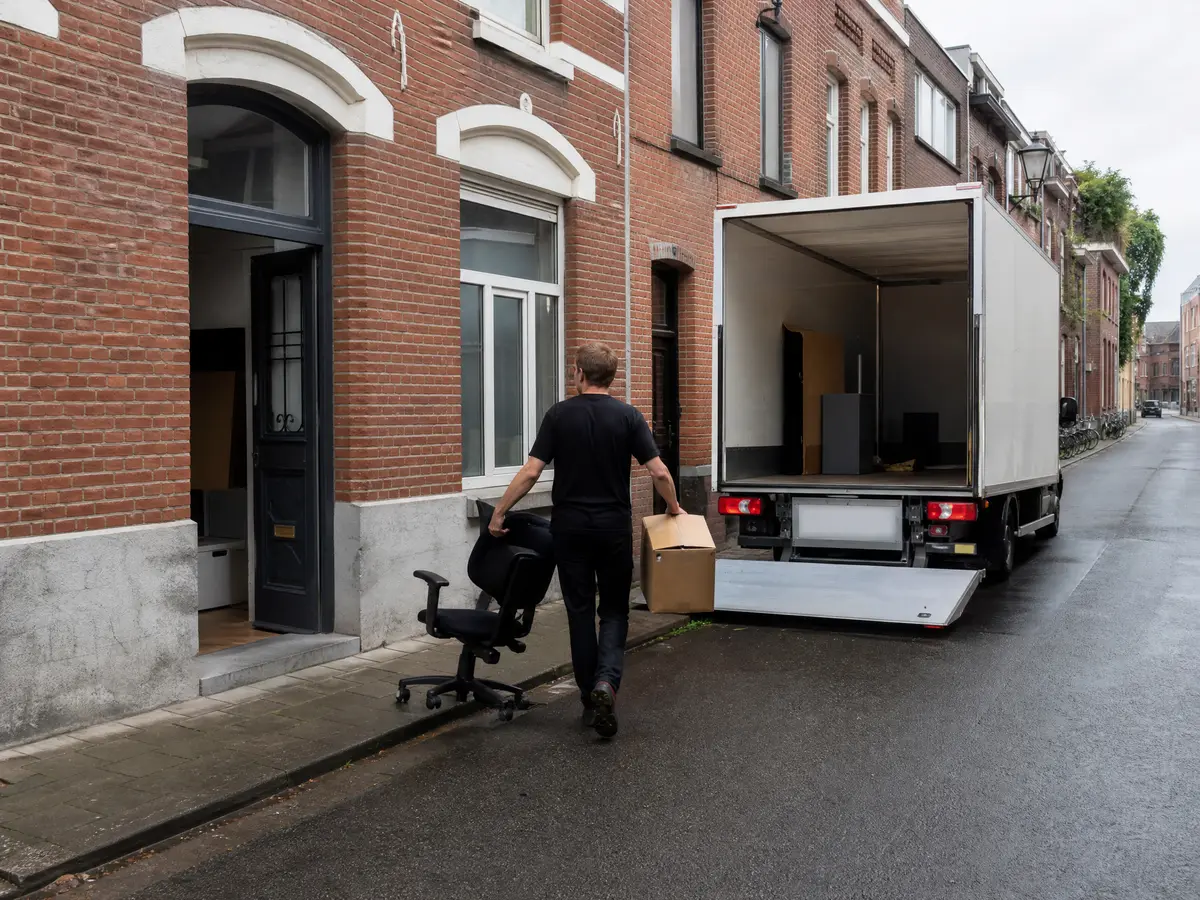 Box truck in a Leuven street of terraced houses during a house clearance in Leuven