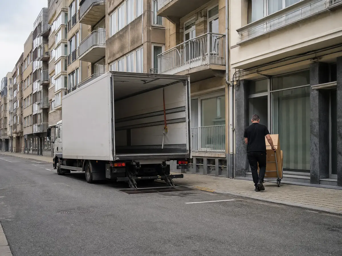 Box truck in front of an apartment block near the Ostend seafront during a flat clearance
