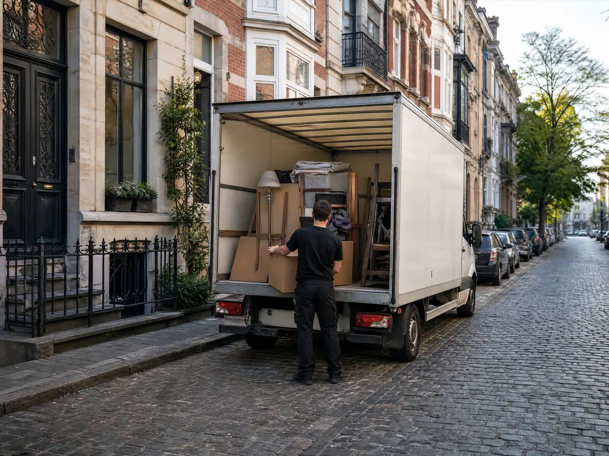 White box truck with its rear door open in a Brussels street of townhouses, a crew member loads a box