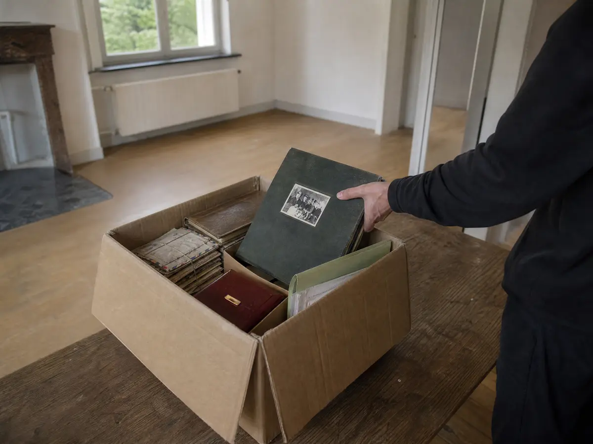 Box of photo albums, letters and documents set aside during a clearance